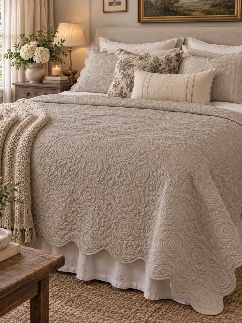 Hometrends Queen Taupe Grey Quilted Bedspread Scalloped Scroll 93” x 81”